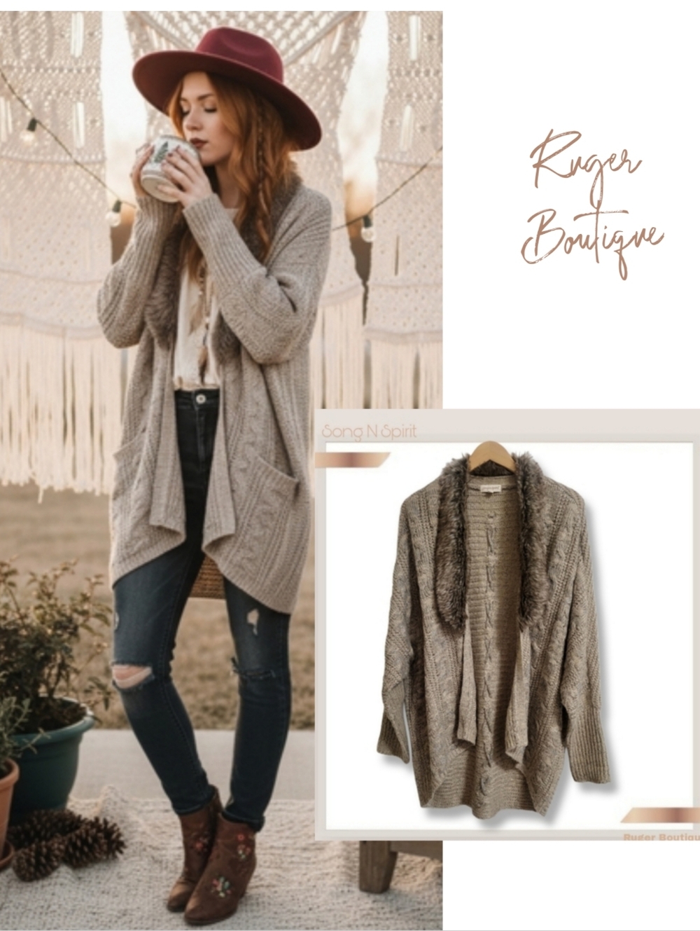 🌿Song N Spirit Women's Large Faux Fur Collar Cable Knit Cardigan